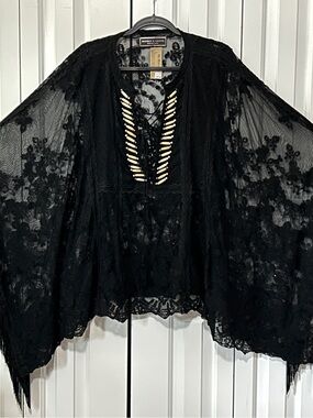 New Double D Ranch Southwest Lacy Top Poncho Bead Accents Fringe XL